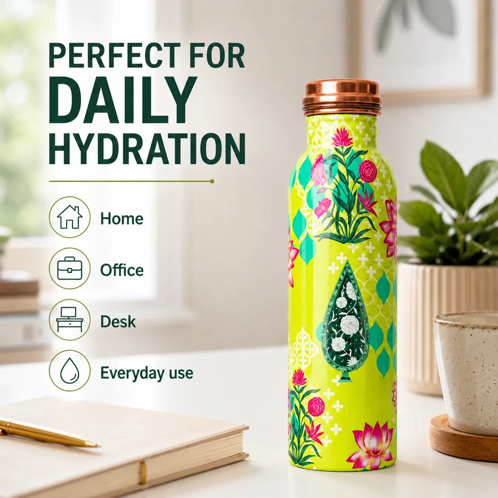 Sempyix 1 Litre Copper Water Bottle - Lime Floral Lotus Design