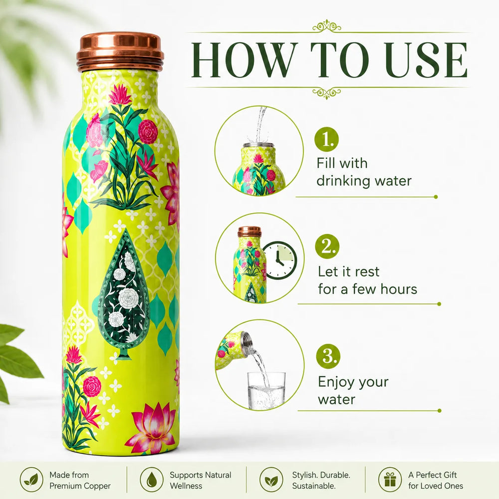 Sempyix 1 Litre Copper Water Bottle - Lime Floral Lotus Design