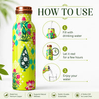 Sempyix 1 Litre Copper Water Bottle - Lime Floral Lotus Design