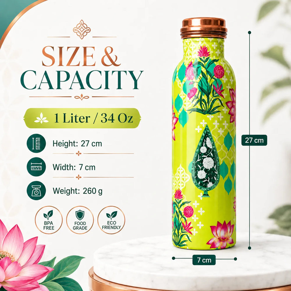 Sempyix 1 Litre Copper Water Bottle - Lime Floral Lotus Design