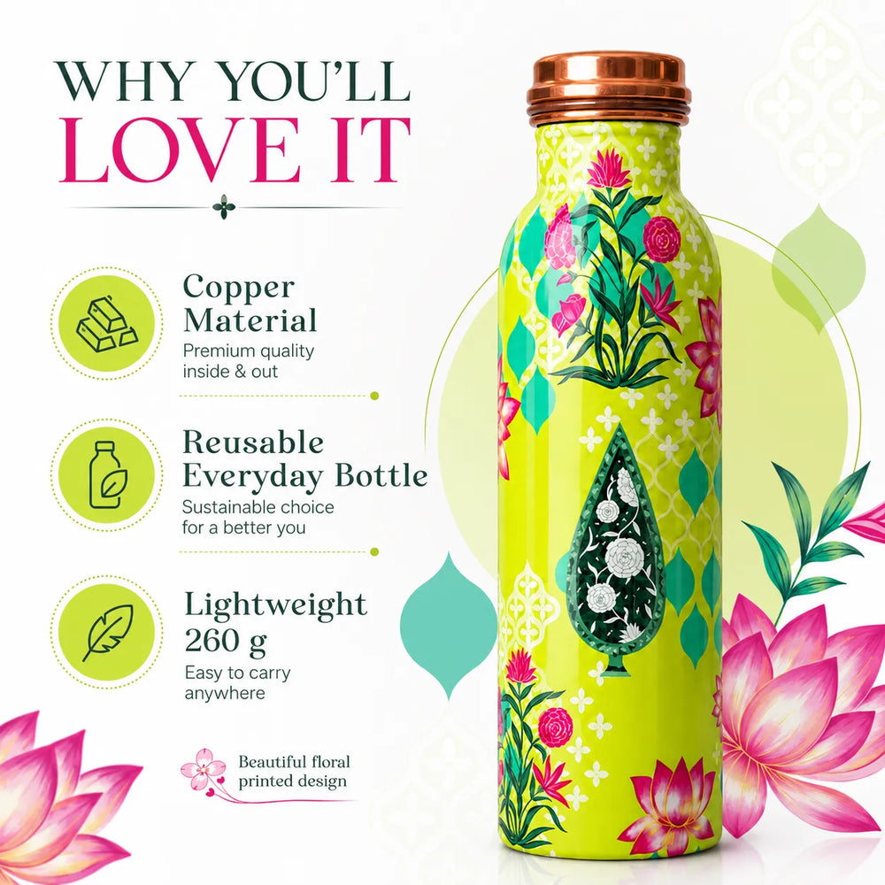 Sempyix 1 Litre Copper Water Bottle - Lime Floral Lotus Design