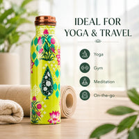 Sempyix 1 Litre Copper Water Bottle - Lime Floral Lotus Design