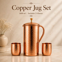 Sempyix Handcrafted Pure Copper Hammered Jug Set (1600 ml) with 2 Matching Glasses
